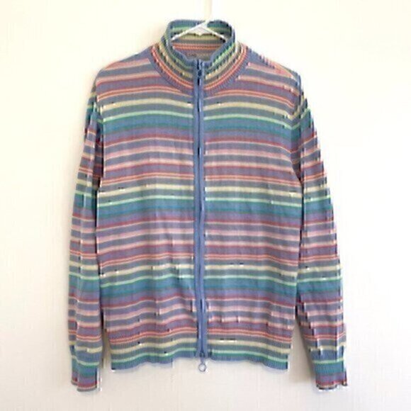 VINTAGE SAG HARBOR Blue Pink Yellow Rainbow Stripe Full Zip Sweatshirt / Sweater - Picture 1 of 11